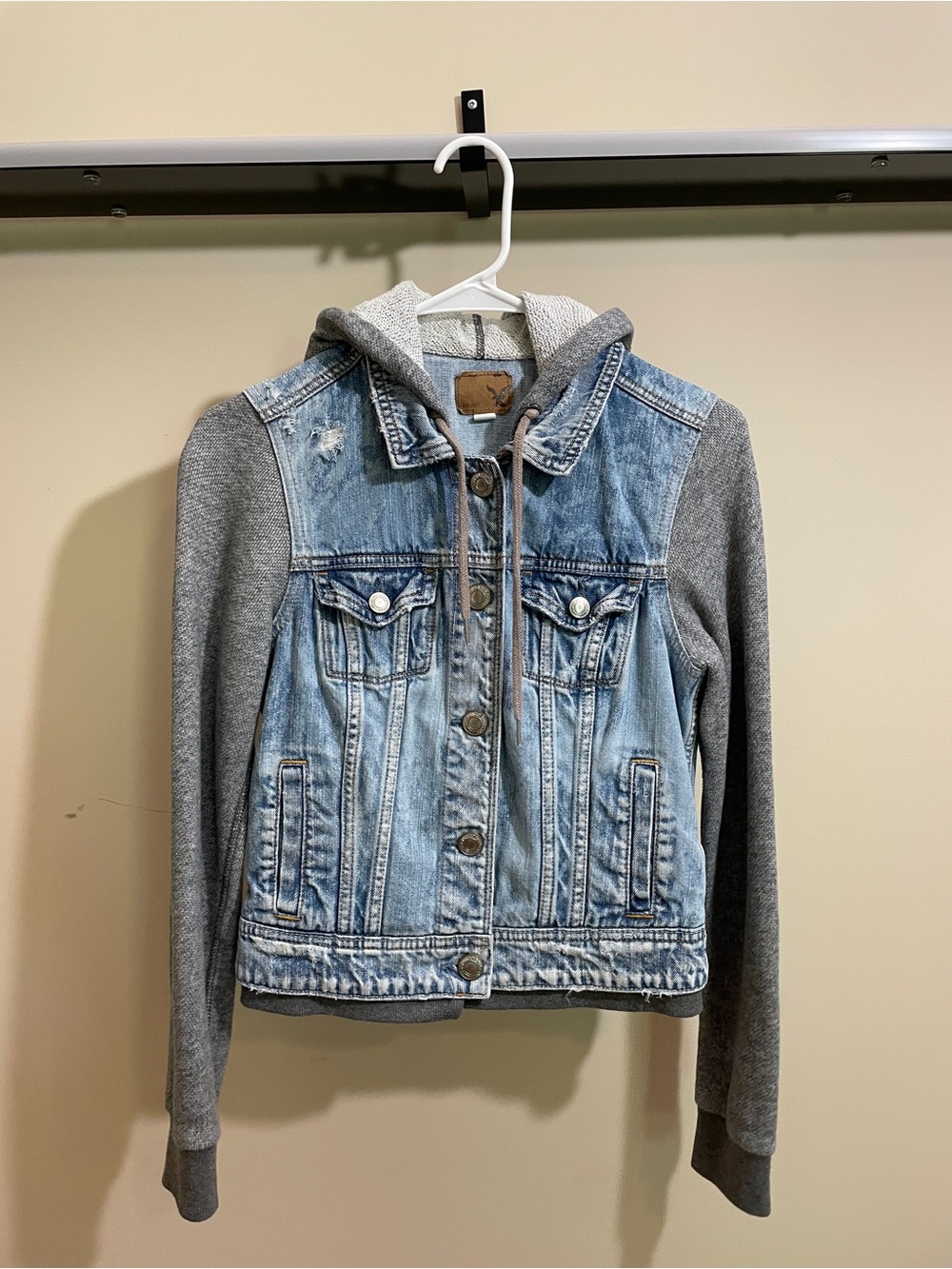 American Eagle Outfitters Light Blue Denim & Gray Hooded Jean Jacket